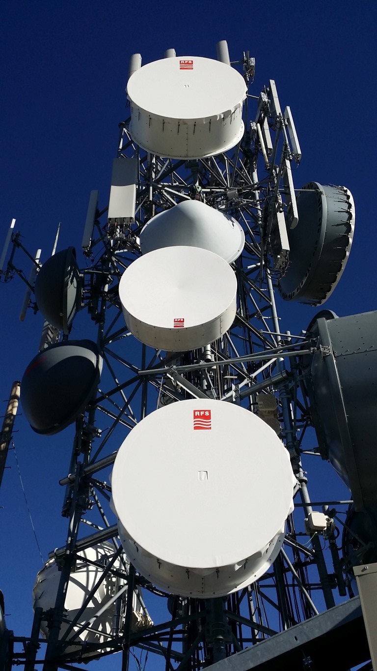 Microwave dish antennas and panel arrays on a live tower